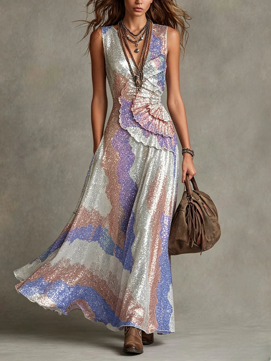 Sequin Wavy V-Neck Sleeveless Maxi Dress