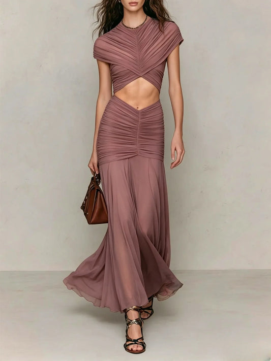 Ruched Cutout Cap Sleeve Maxi Dress