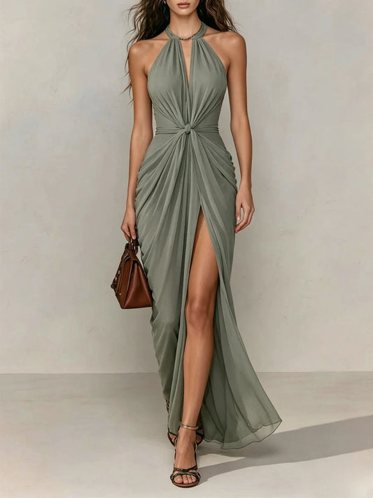 Halter Neck Twist Front Slit Maxi Dress