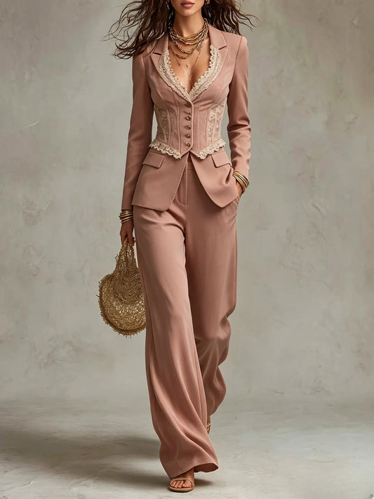Lace Trim Corset Blazer & Wide Leg Pants Set