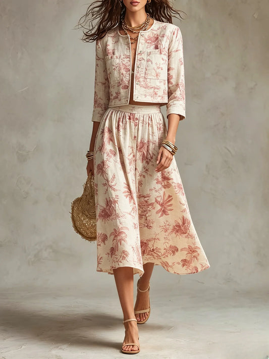 Floral Print Cropped Jacket & Midi Skirt Set