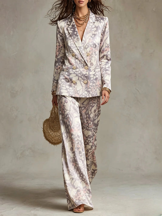 Abstract Print Double Breasted Satin Blazer Set