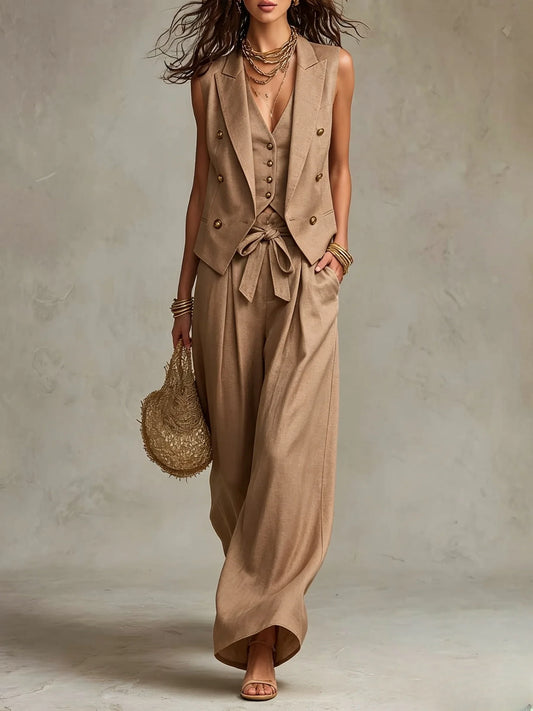 Sleeveless Blazer Vest & Wide Leg Pants Set