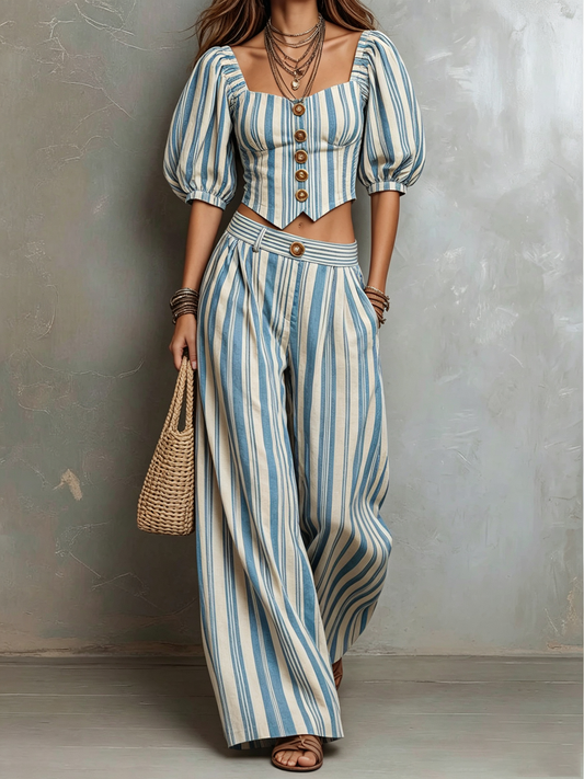 Striped Square Neck Puff Sleeve Top & Wide Leg Pants Set