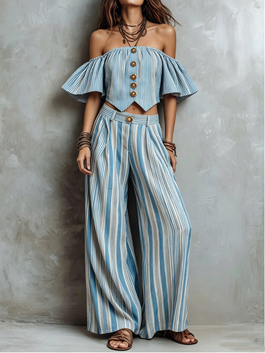 Striped Off Shoulder Ruffle Top & Wide Leg Pants Set