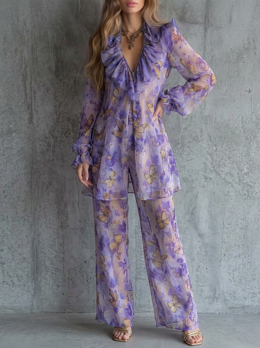 Butterfly Print Ruffle Chiffon Tunic & Pants Set