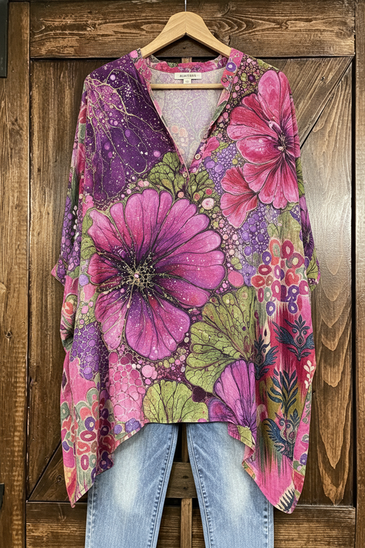 Vibrant Floral Print Batwing Tunic Top