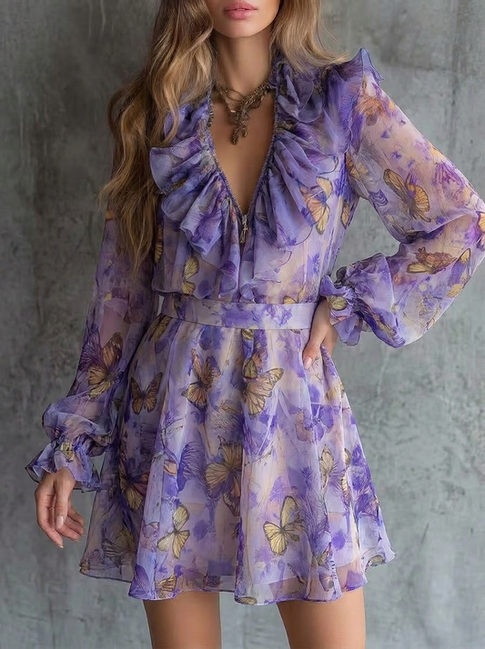 Butterfly Print Ruffle Chiffon Mini Dress