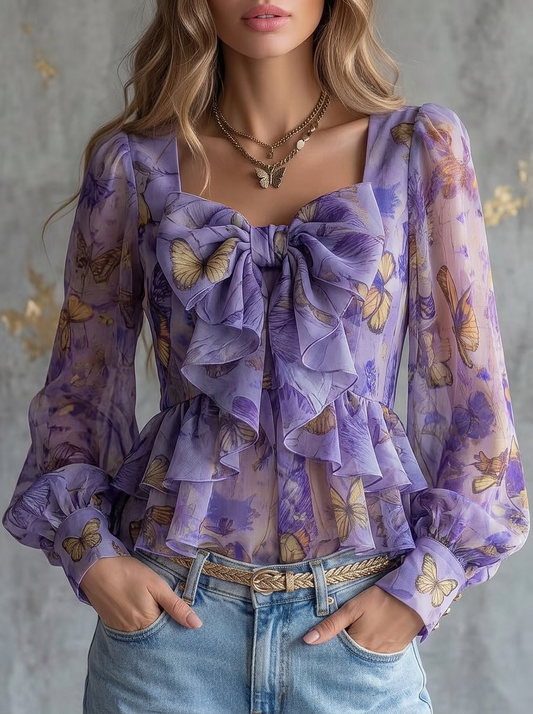 Butterfly Print Bow Front Square Neck Chiffon Blouse