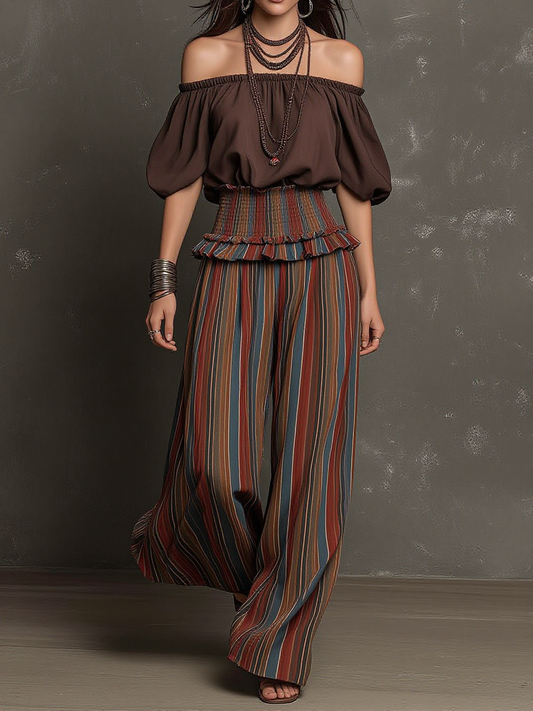 Off Shoulder Puff Sleeve Top & Striped Wide Leg Pants Set