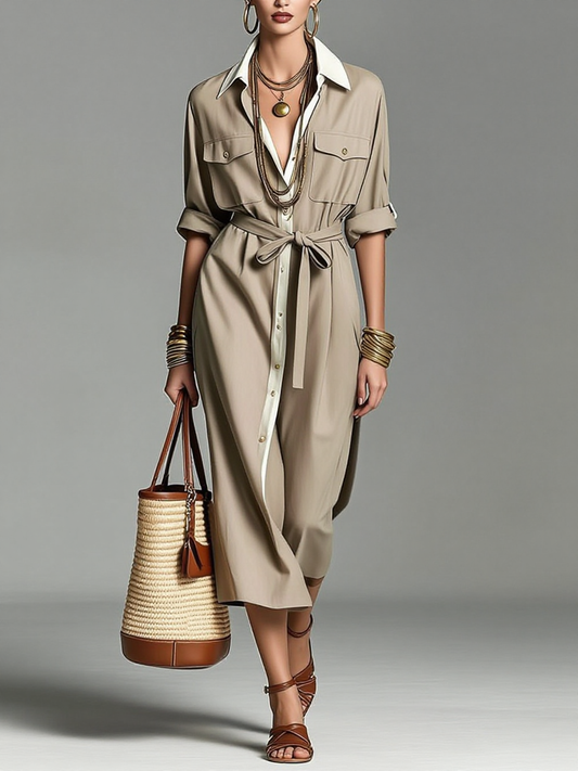 Contrast Collar Belted Shirt Midi Dress