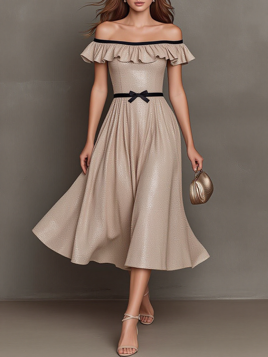 Off Shoulder Ruffle Bow Belt Midi Dress