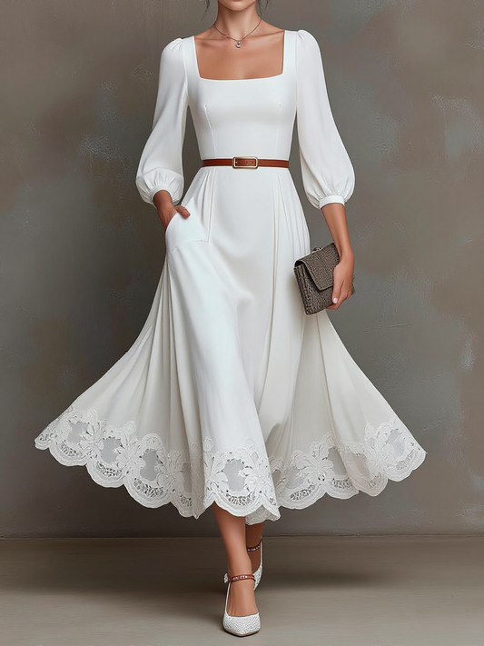 Square Neck Puff Sleeve Lace Hem Midi Dress
