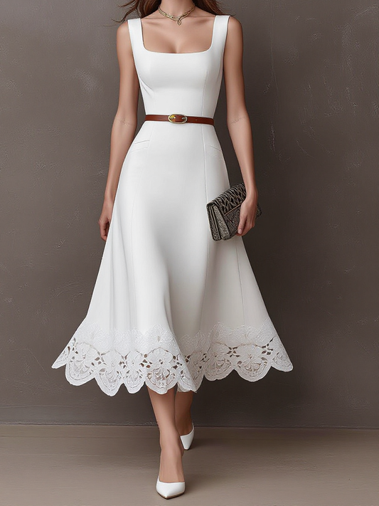 Square Neck Sleeveless Lace Hem Midi Dress