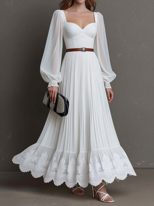 Square Neck Chiffon Pleated Lace Maxi Dress