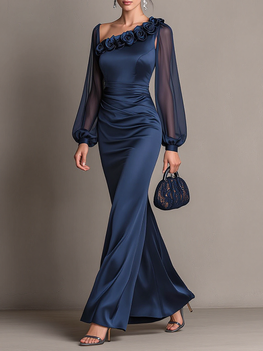 One Shoulder Floral Applique Satin Evening Gown