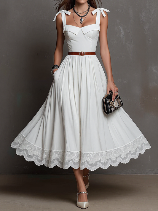 Bow Strap Square Neck Lace Hem Midi Dress