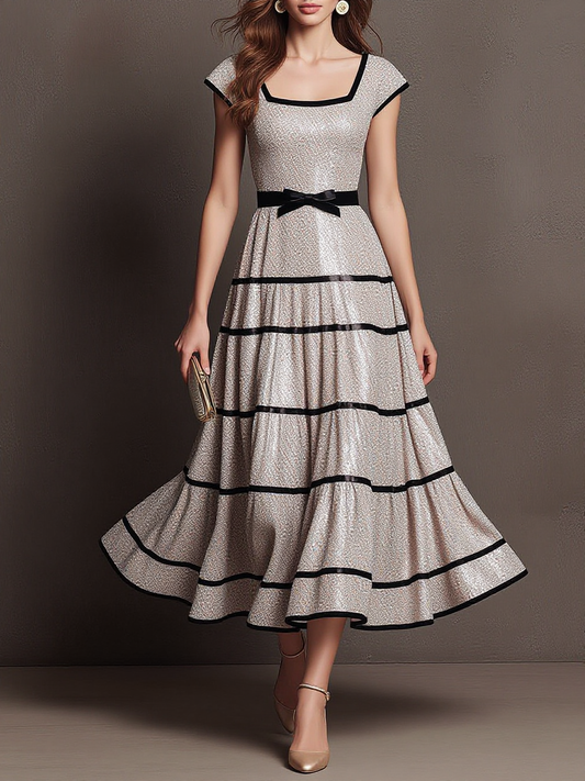 Square Neck Tiered Ruffle Shimmer Midi Dress