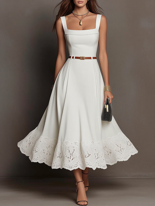 Wide Strap Square Neck Lace Hem Midi Dress