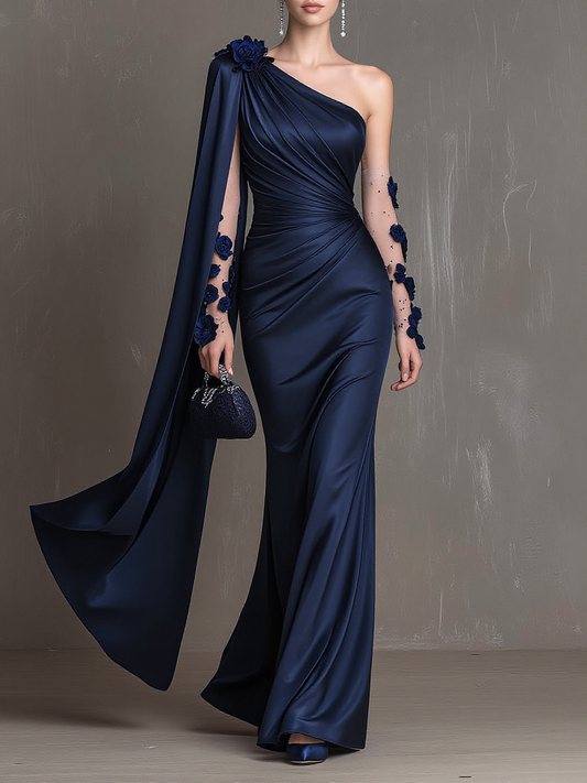 One Shoulder Cape Sleeve Floral Satin Evening Gown