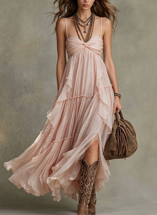 Twist Front Tiered Spaghetti Strap Maxi Dress