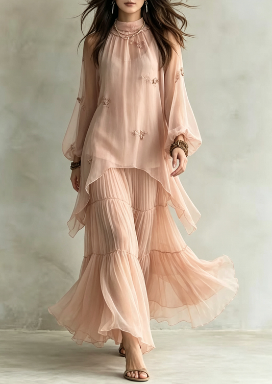 Embroidered Sheer High Neck Tiered Pant Set
