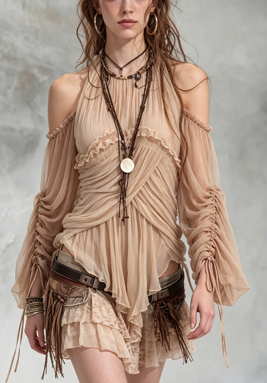 Ruched Off-Shoulder Top And Fringe Denim Skirt Set