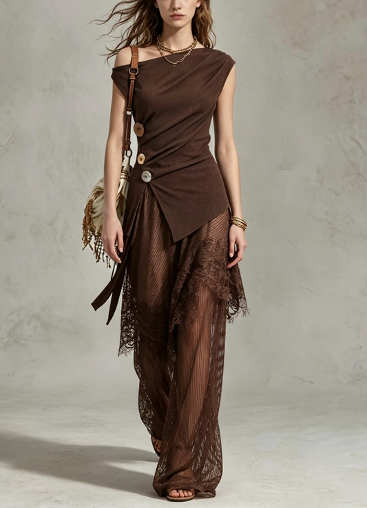 Asymmetric Button Top And Sheer Lace Pants Set