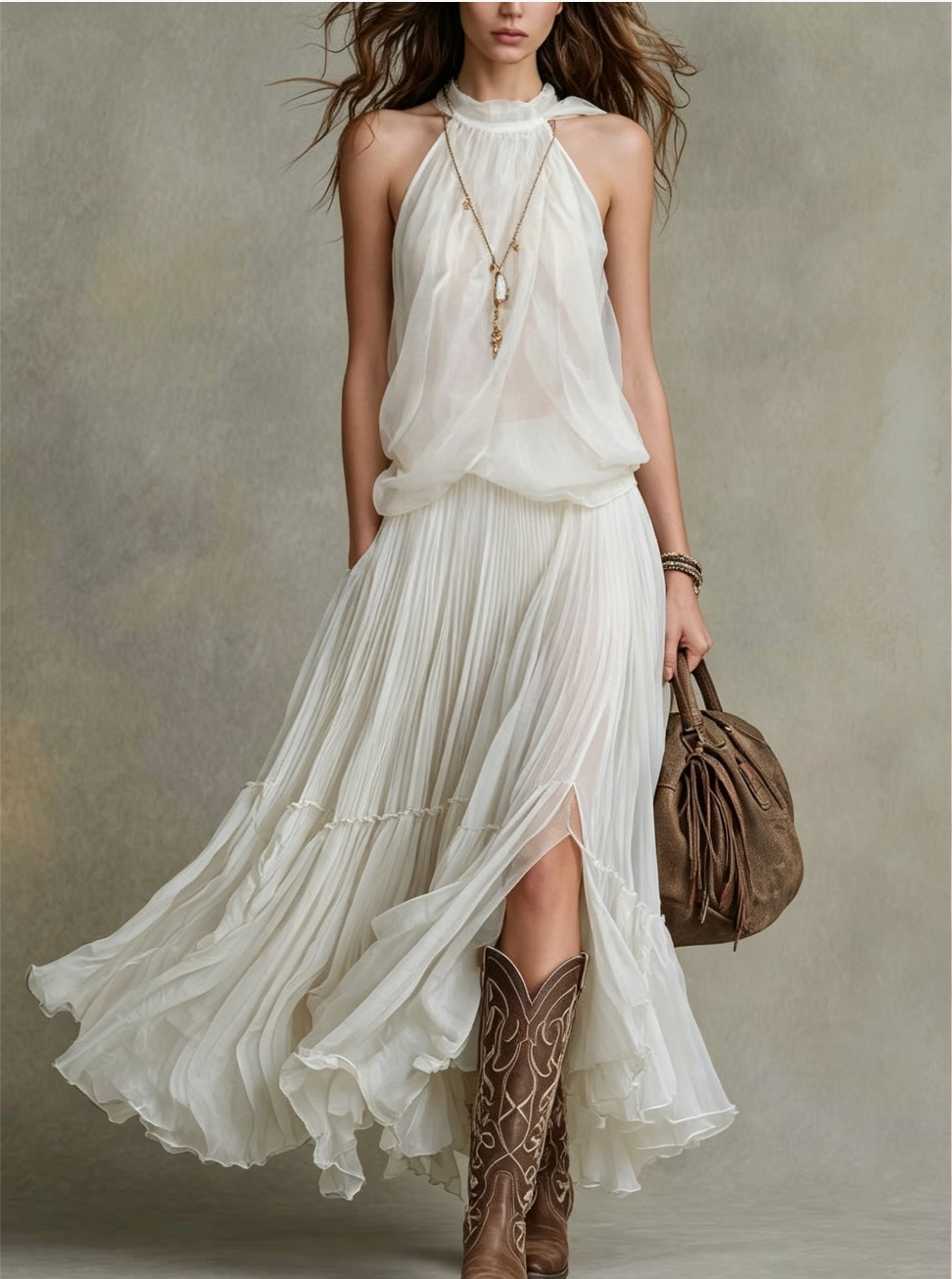 Halter High Neck Pleated Tiered Maxi Dress