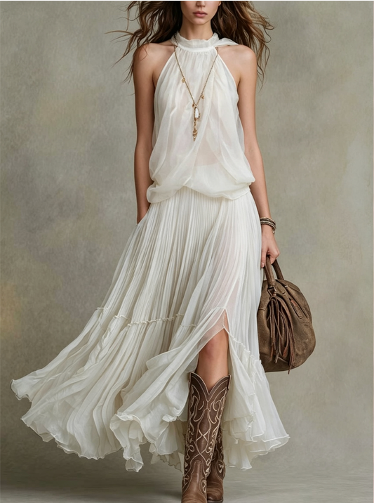 Halter High Neck Pleated Tiered Maxi Dress