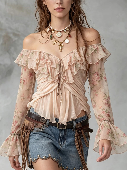 Off-Shoulder Floral Ruffled Blouse