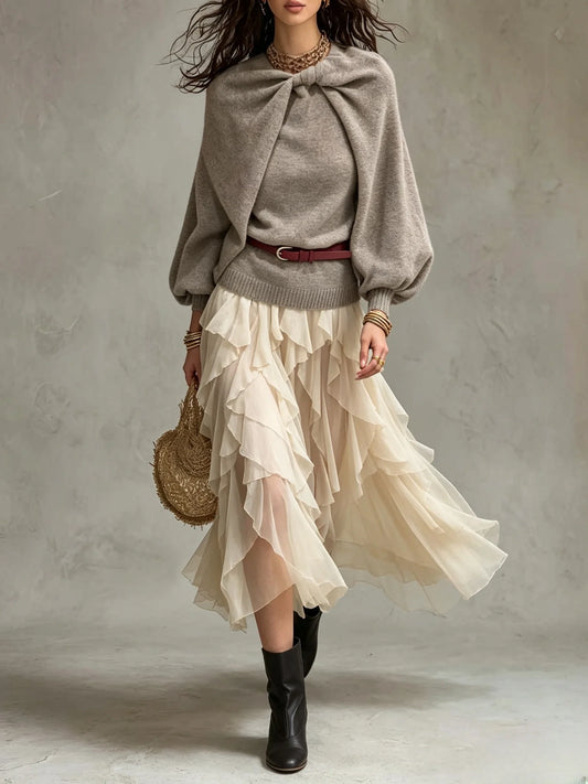 Knit Twist Cape Sweater And Ruffled Midi Skirt Set
