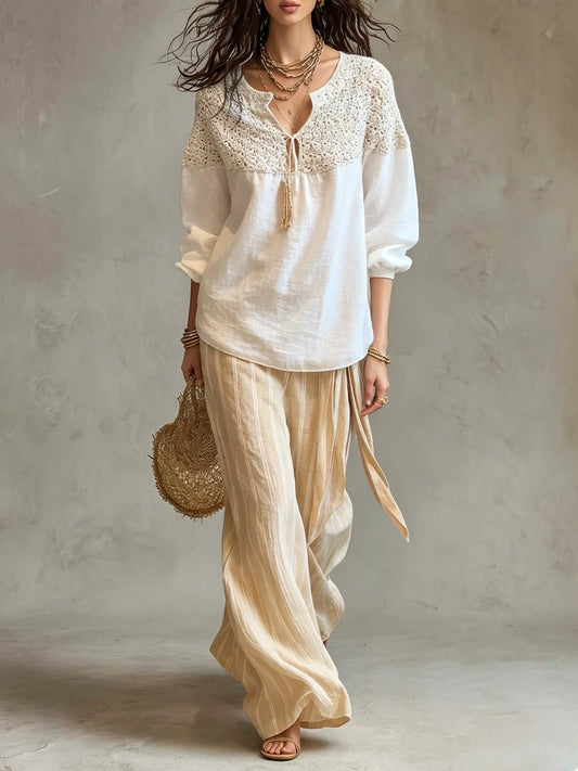Crochet Panel Tie Neck Blouse And Striped Pants Set
