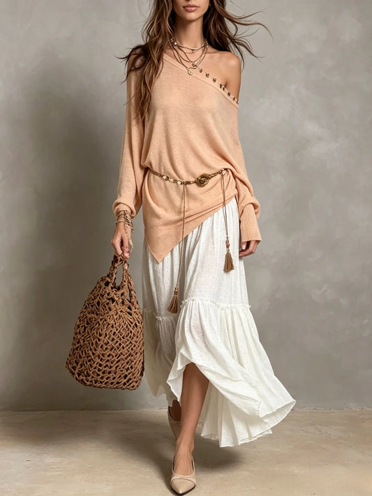 Studded Asymmetric Knit Top And Layered Maxi Skirt Set