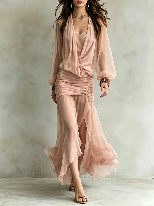 Sheer Draped Cowl Neck Ruched Maxi Dress