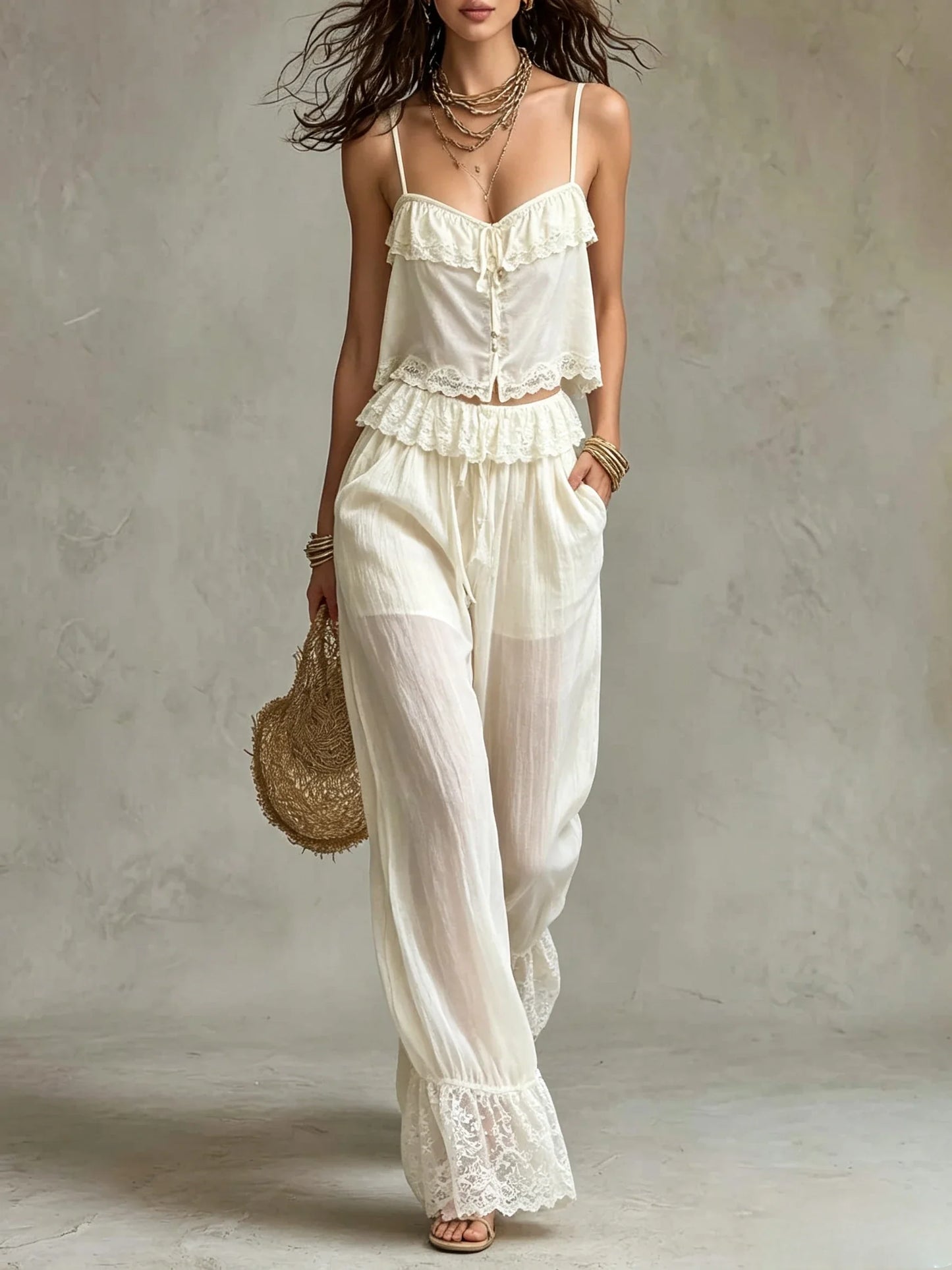 Ruffle Trim Cami Top And Lace Hem Wide Leg Pants Set