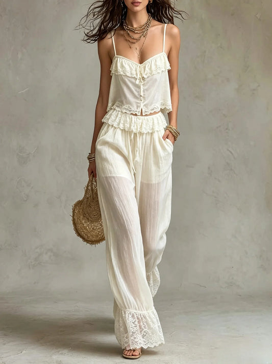 Ruffle Trim Cami Top And Lace Hem Wide Leg Pants Set
