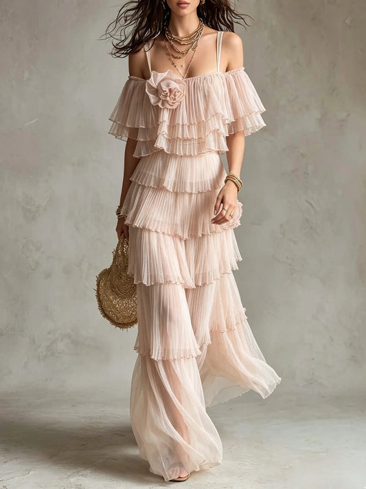 Cold Shoulder Tiered Ruffle Maxi Dress With Flower