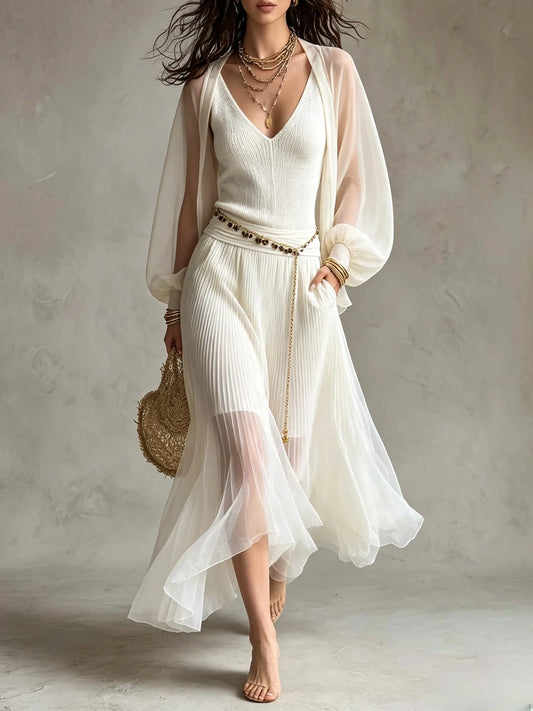 Knit Cami With Sheer Cardigan And Pleated Skirt Set
