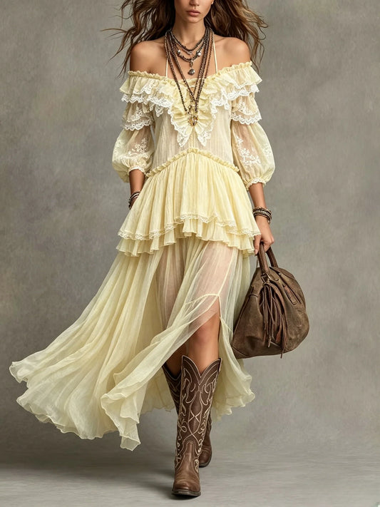 Off-Shoulder Lace Trim Tiered Maxi Dress