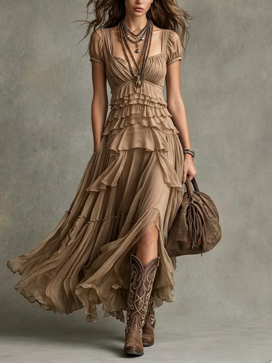 Square Neck Ruffled Tiered Midi Dress