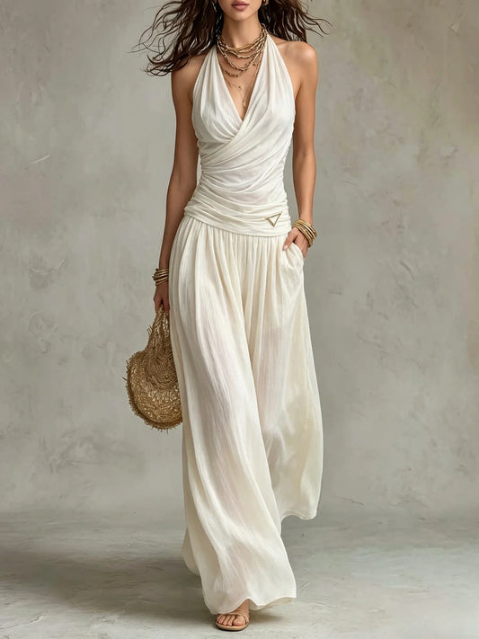 Halter Wrap Top And Draped Wide-Leg Pants Set