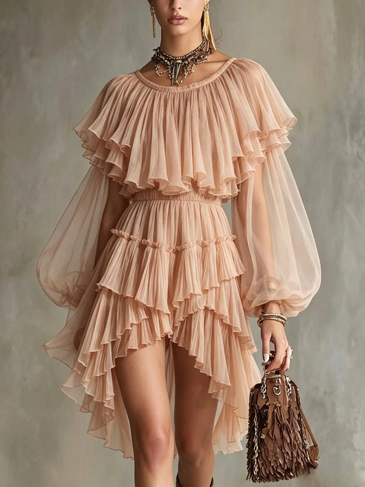 Sheer Balloon Sleeve Ruffled Mini Dress