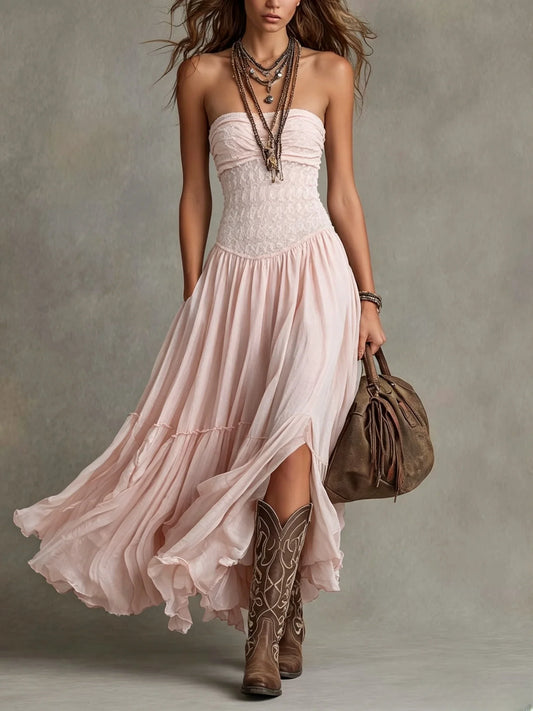 Strapless Lace Bodice Tiered Flowy Dress