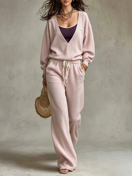 Oversized V-Neck Sweater And Jogger Pants Set
