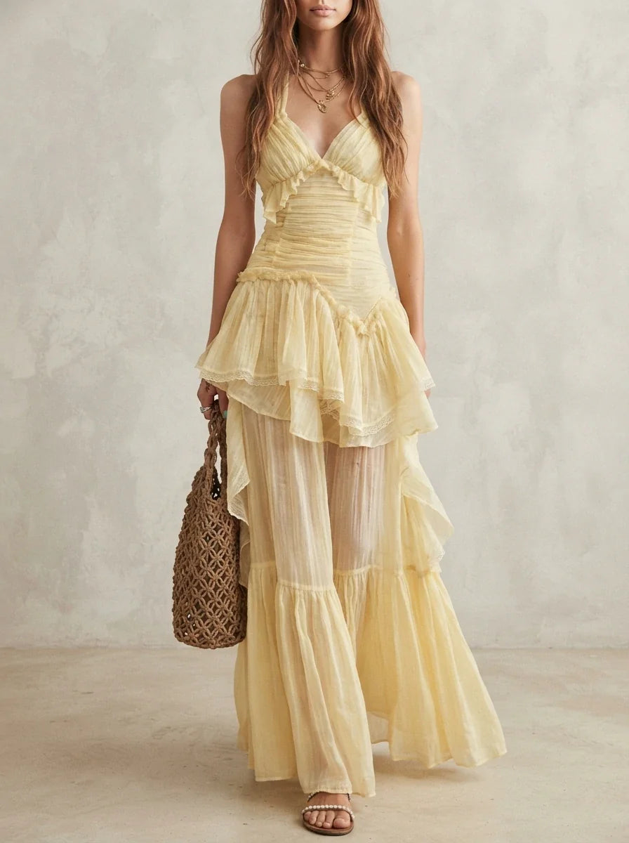 Halter Ruched Layered Ruffle Maxi Dress