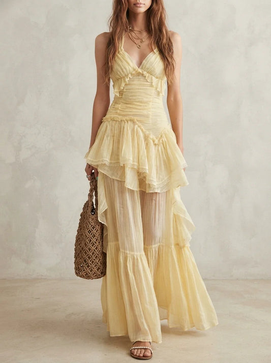 Halter Ruched Layered Ruffle Maxi Dress