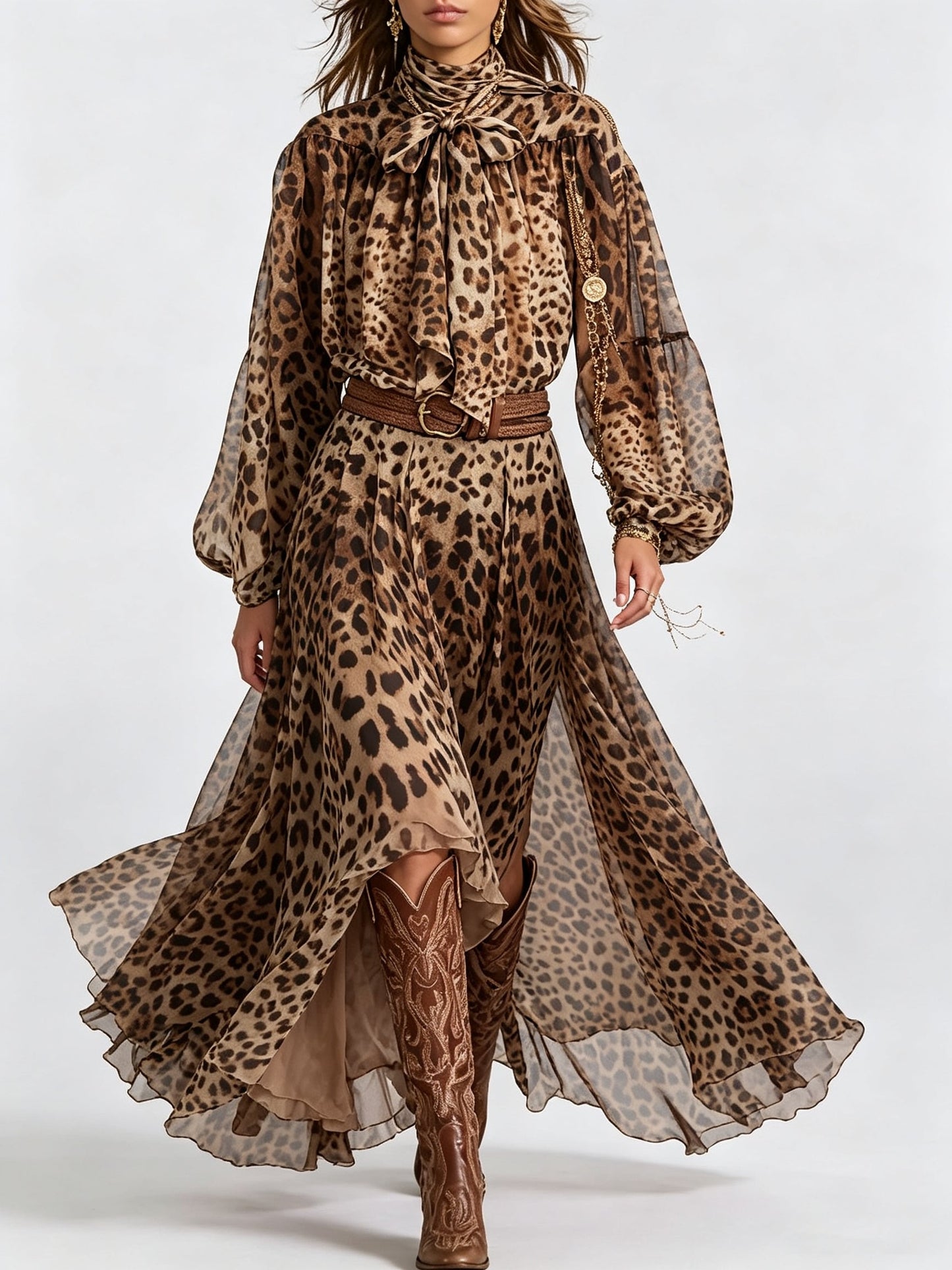 Sheer Leopard Print Tie-Neck Balloon Sleeve Maxi Dress