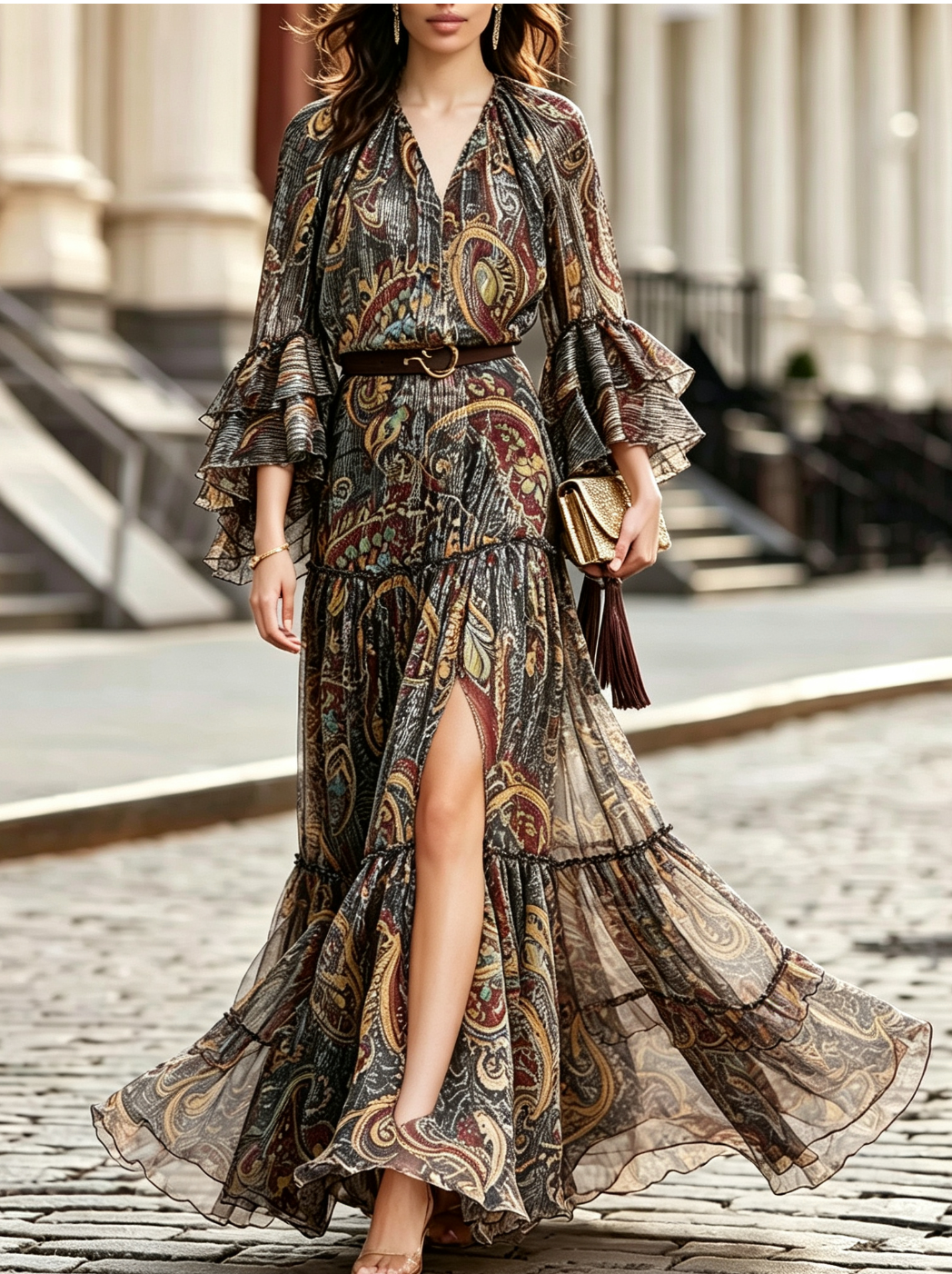 Boho Paisley Print Ruffled Sleeve Split Maxi Dress