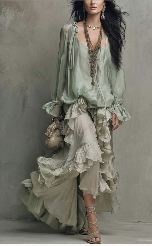 Sheer Tie-Shoulder Blouse And Layered Ruffle Skirt Set